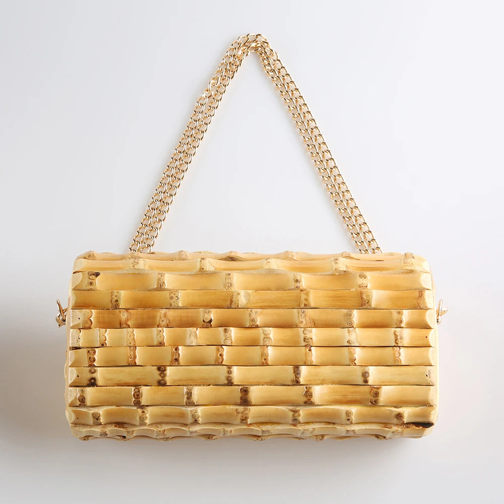 Handmade Rattan & Bamboo Crossbody Bag – Adjustable Chain Strap