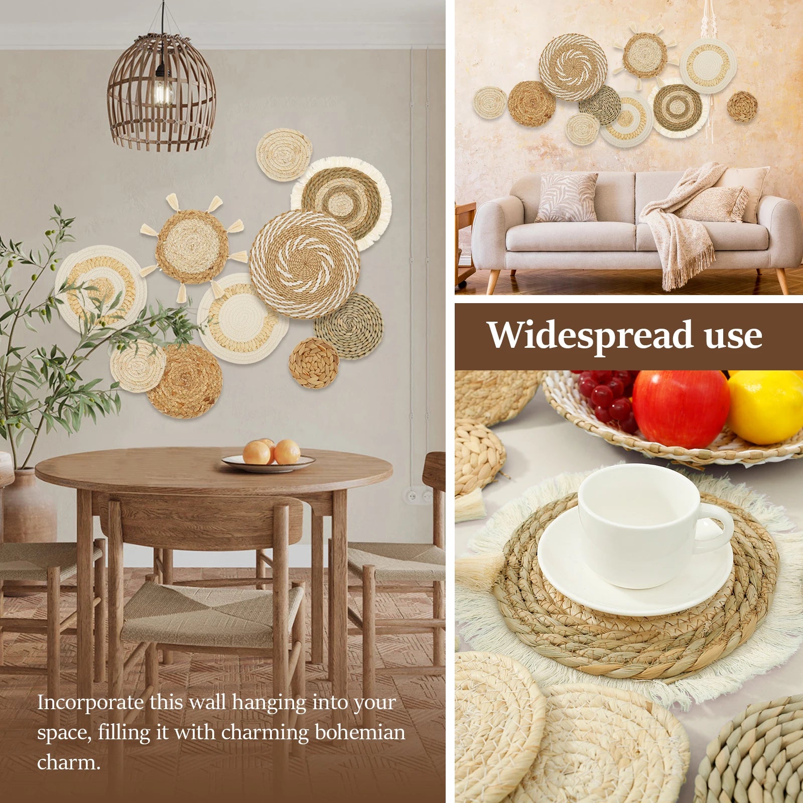 Boho Woven Basket Wall Decor – Macramé Art Set (9–10 PCS)