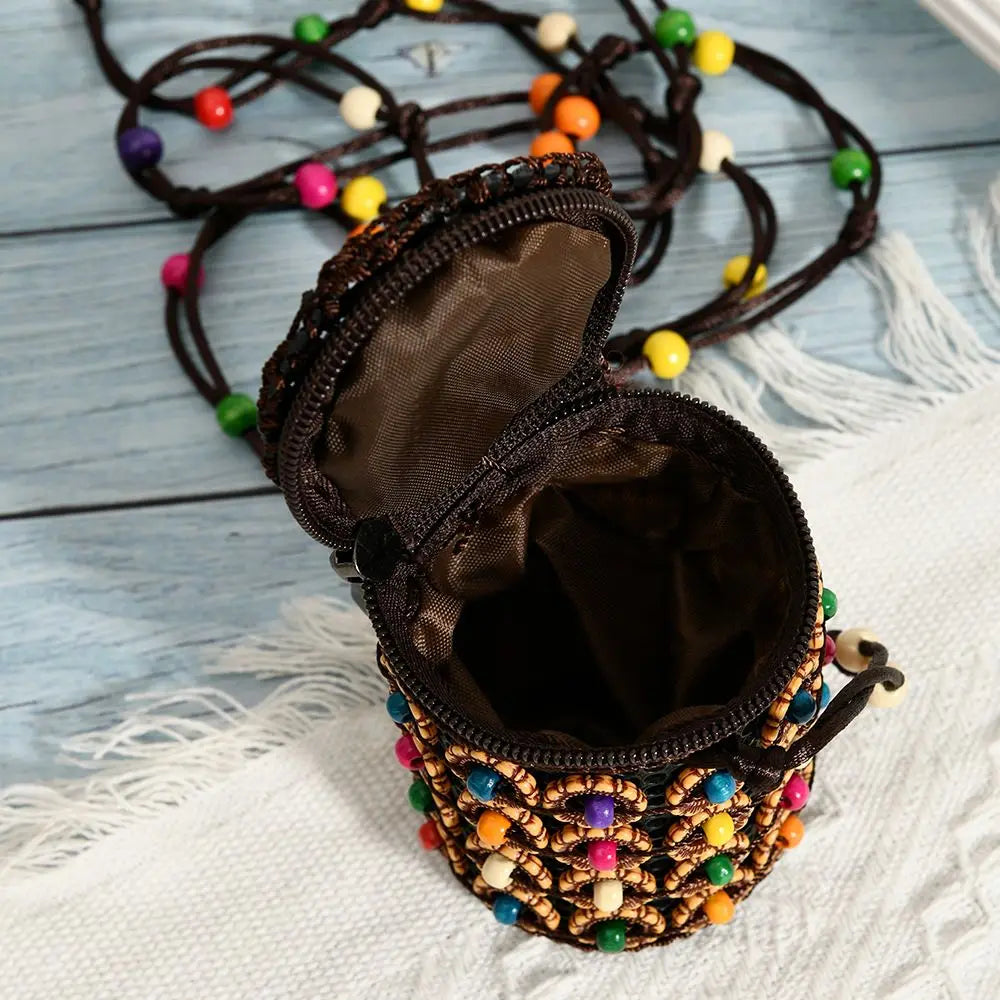 Ethnic Style Fabric Crossbody Bag – Handmade Coconut Shell Woven Geometric Bohemian Shoulder Bag for Women