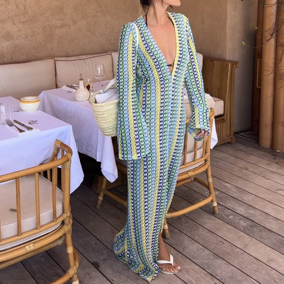 Colorful Striped Crochet Maxi Dress – Flare Sleeve Style