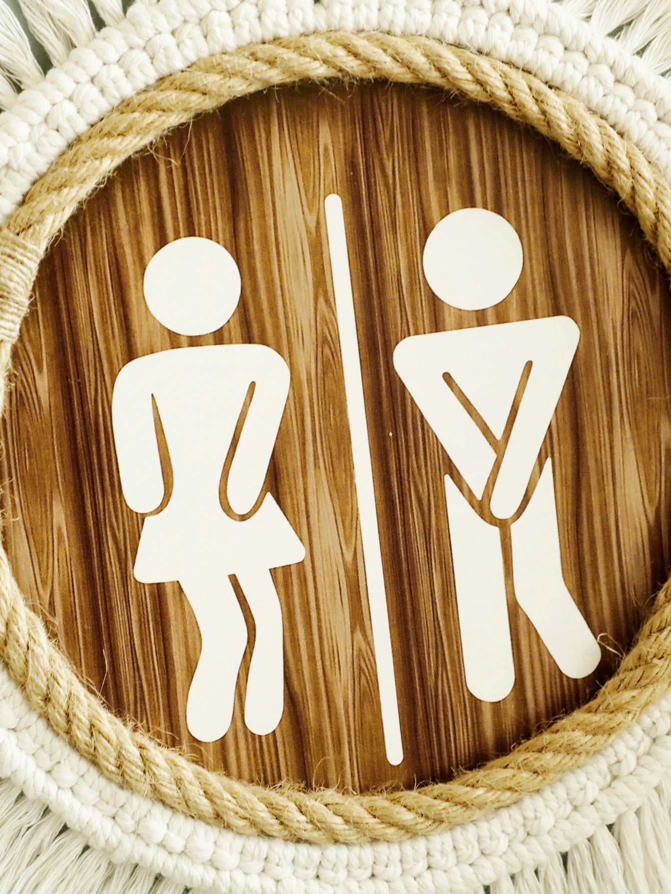 Macrame Round Bathroom Sign – Rustic Wooden Toilet Wall Decor