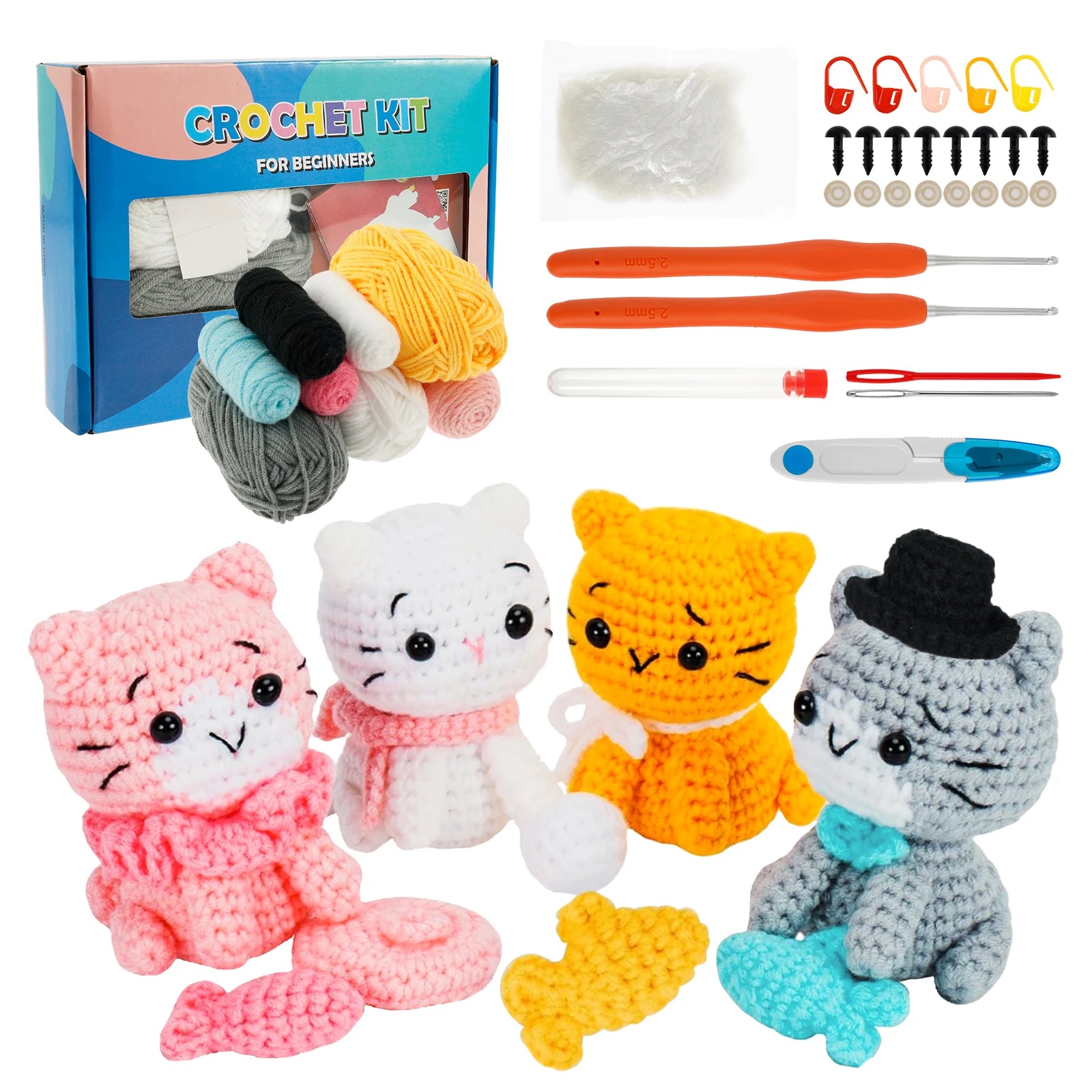 Beginner Crochet Kit – DIY Cat Craft Set (4PCS)