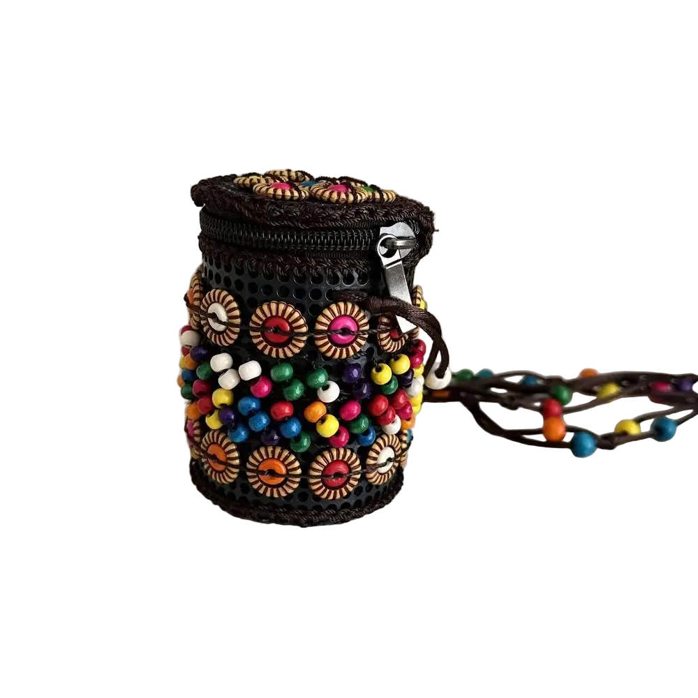 Ethnic Style Fabric Crossbody Bag – Handmade Coconut Shell Woven Geometric Bohemian Shoulder Bag for Women