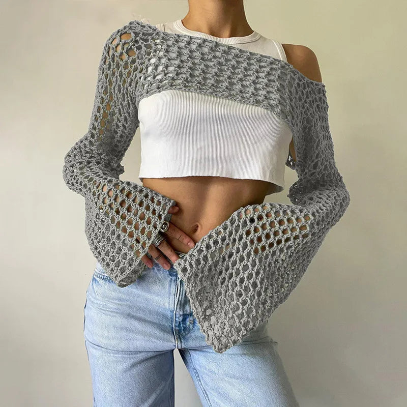 Long Sleeve Crochet Crop Top – Y2K Summer Knit