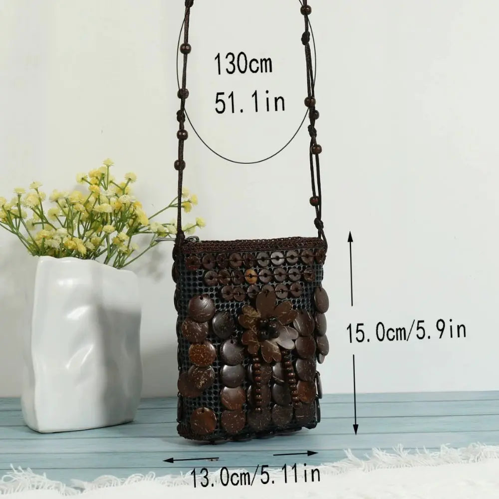 Ethnic Style Fabric Crossbody Bag – Handmade Coconut Shell Woven Geometric Bohemian Shoulder Bag for Women