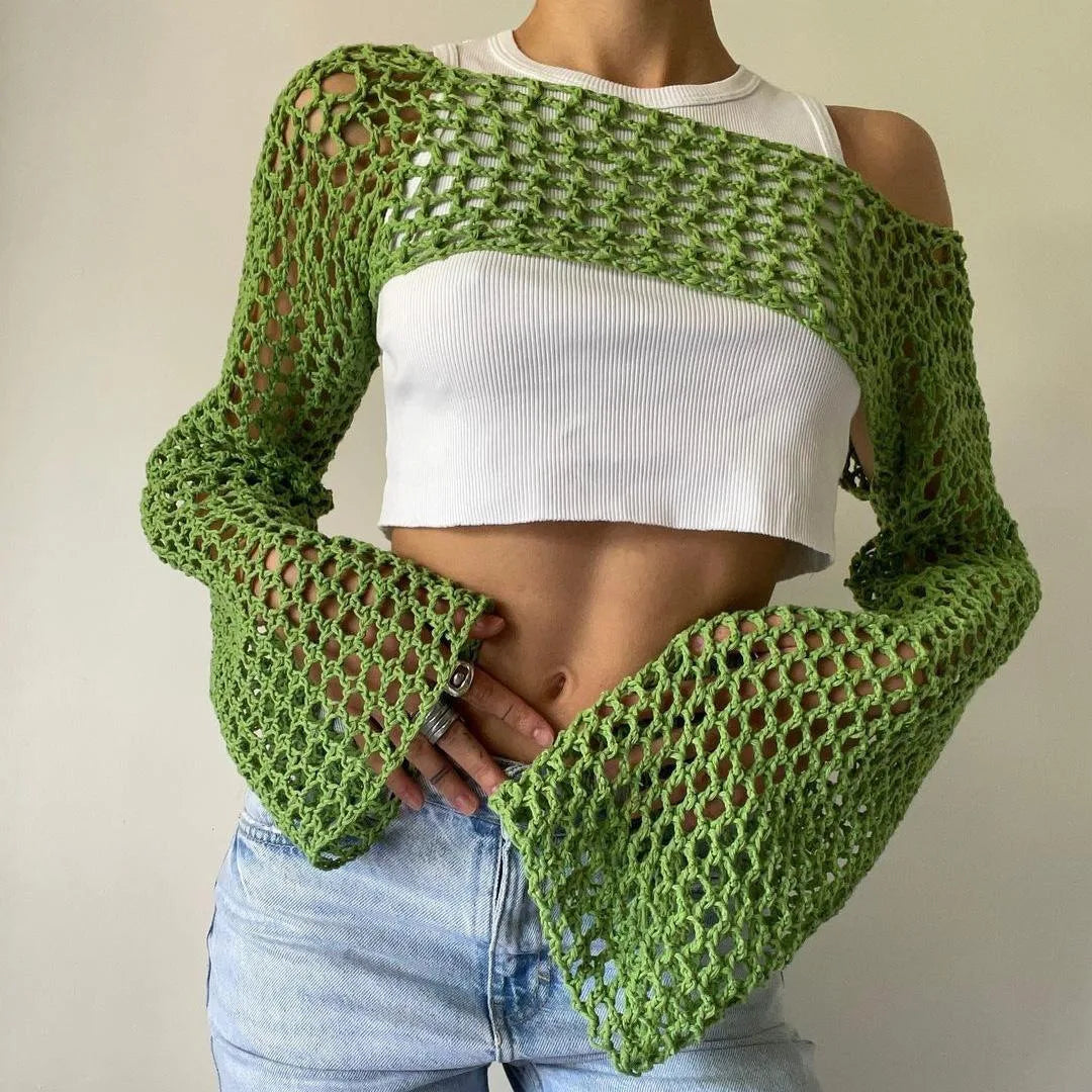 Long Sleeve Crochet Crop Top – Y2K Summer Knit