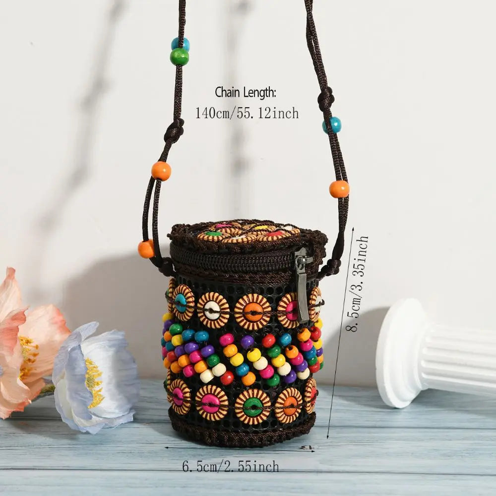 Ethnic Style Fabric Crossbody Bag – Handmade Coconut Shell Woven Geometric Bohemian Shoulder Bag for Women