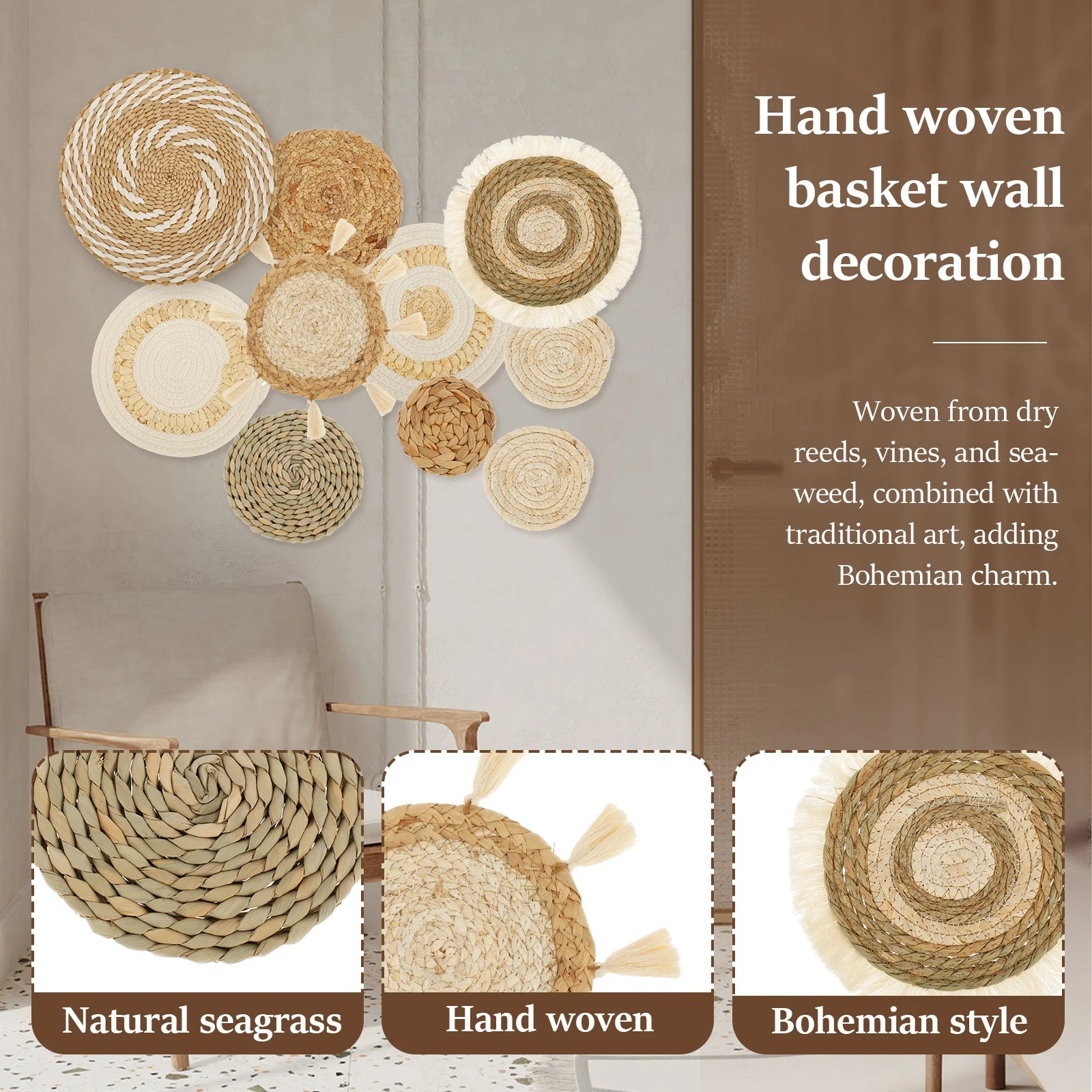 Boho Woven Basket Wall Decor – Macramé Art Set (9–10 PCS)