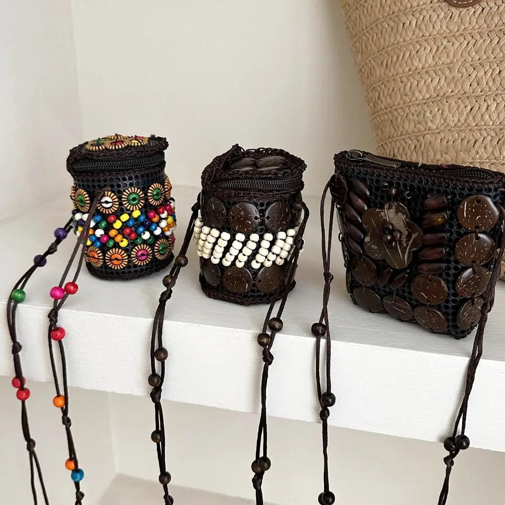 Ethnic Style Fabric Crossbody Bag – Handmade Coconut Shell Woven Geometric Bohemian Shoulder Bag for Women