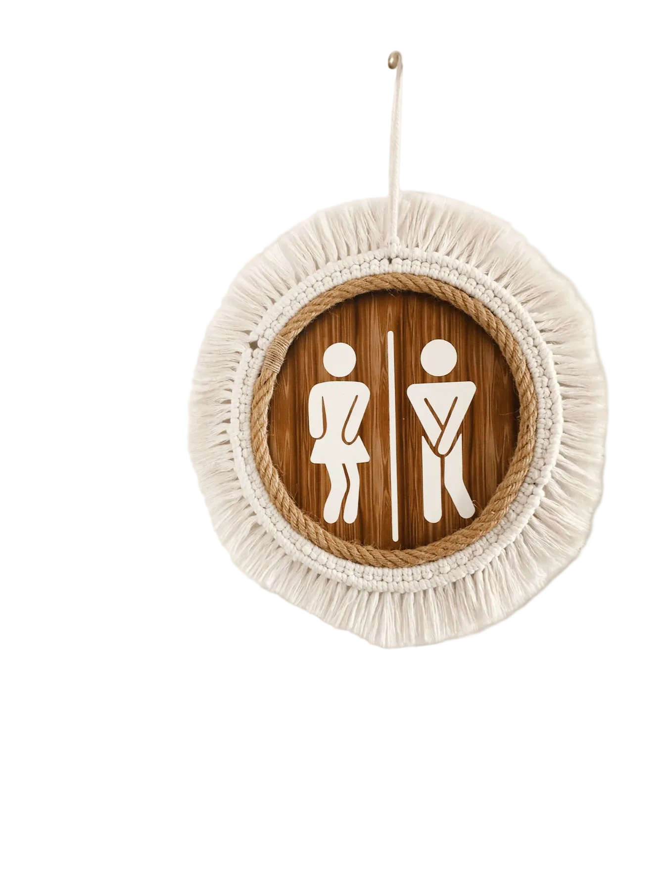 Macrame Round Bathroom Sign – Rustic Wooden Toilet Wall Decor