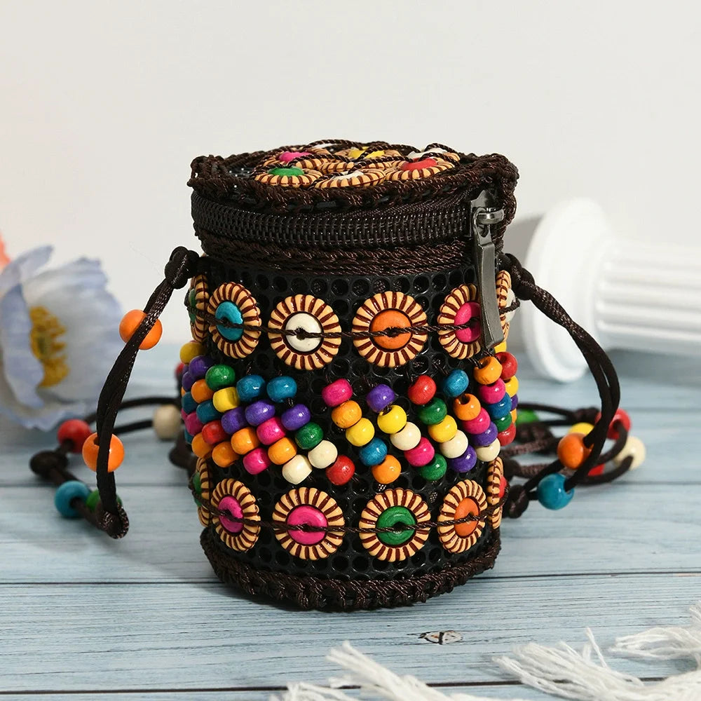 Ethnic Style Fabric Crossbody Bag – Handmade Coconut Shell Woven Geometric Bohemian Shoulder Bag for Women