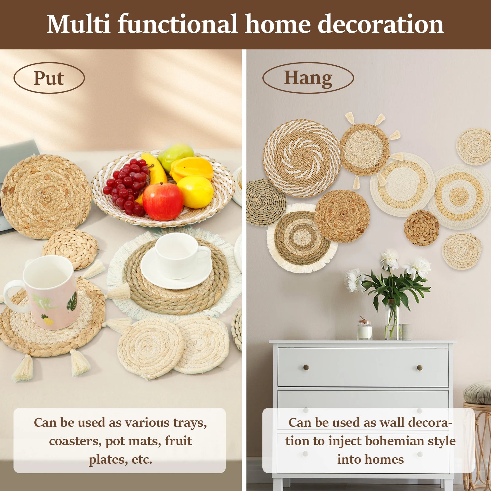 Boho Woven Basket Wall Decor – Macramé Art Set (9–10 PCS)