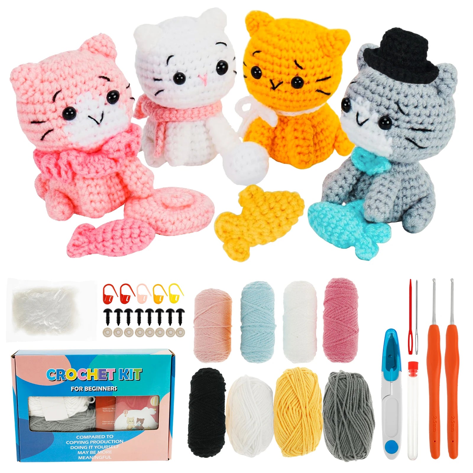 Beginner Crochet Kit – DIY Cat Craft Set (4PCS)