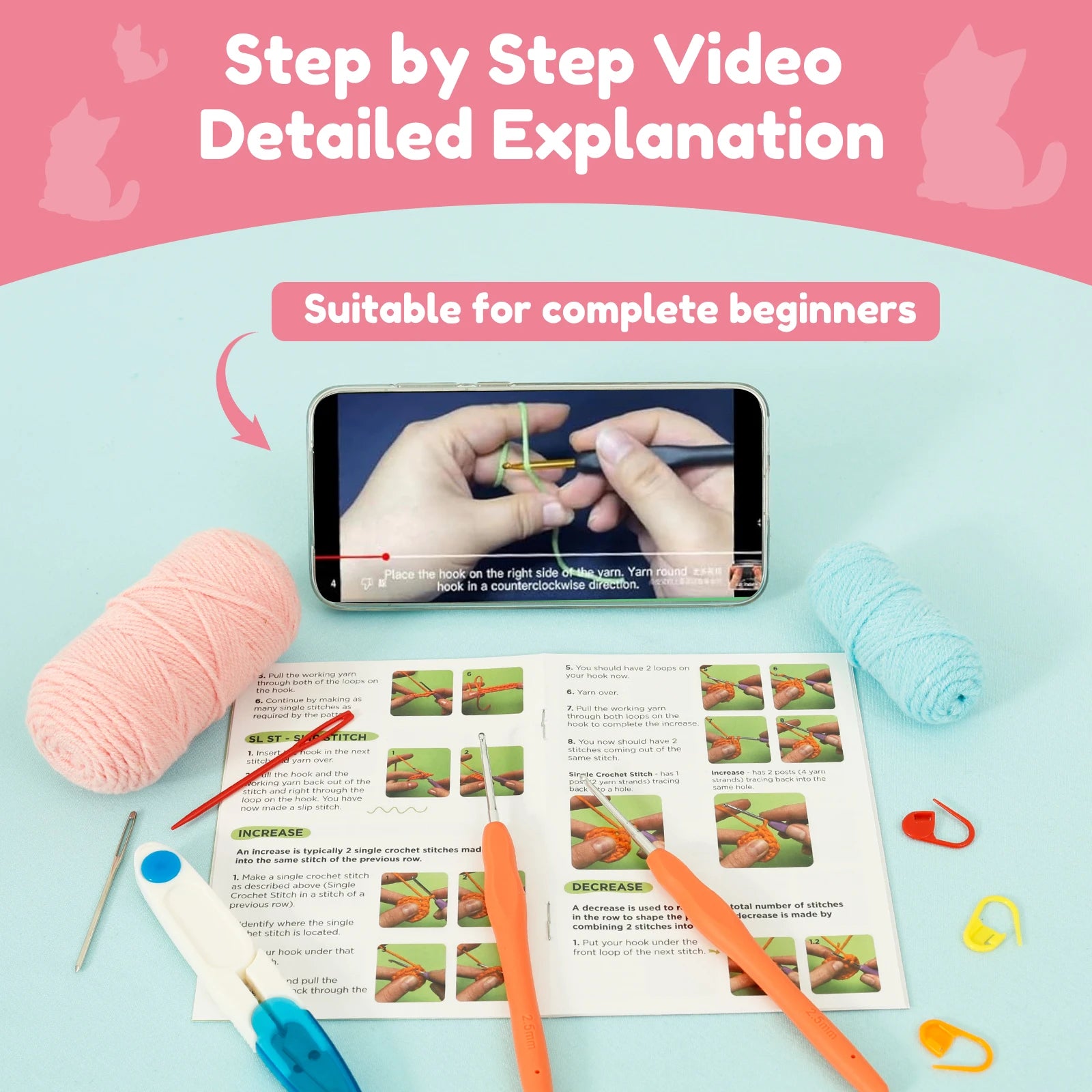 Beginner Crochet Kit – DIY Cat Craft Set (4PCS)