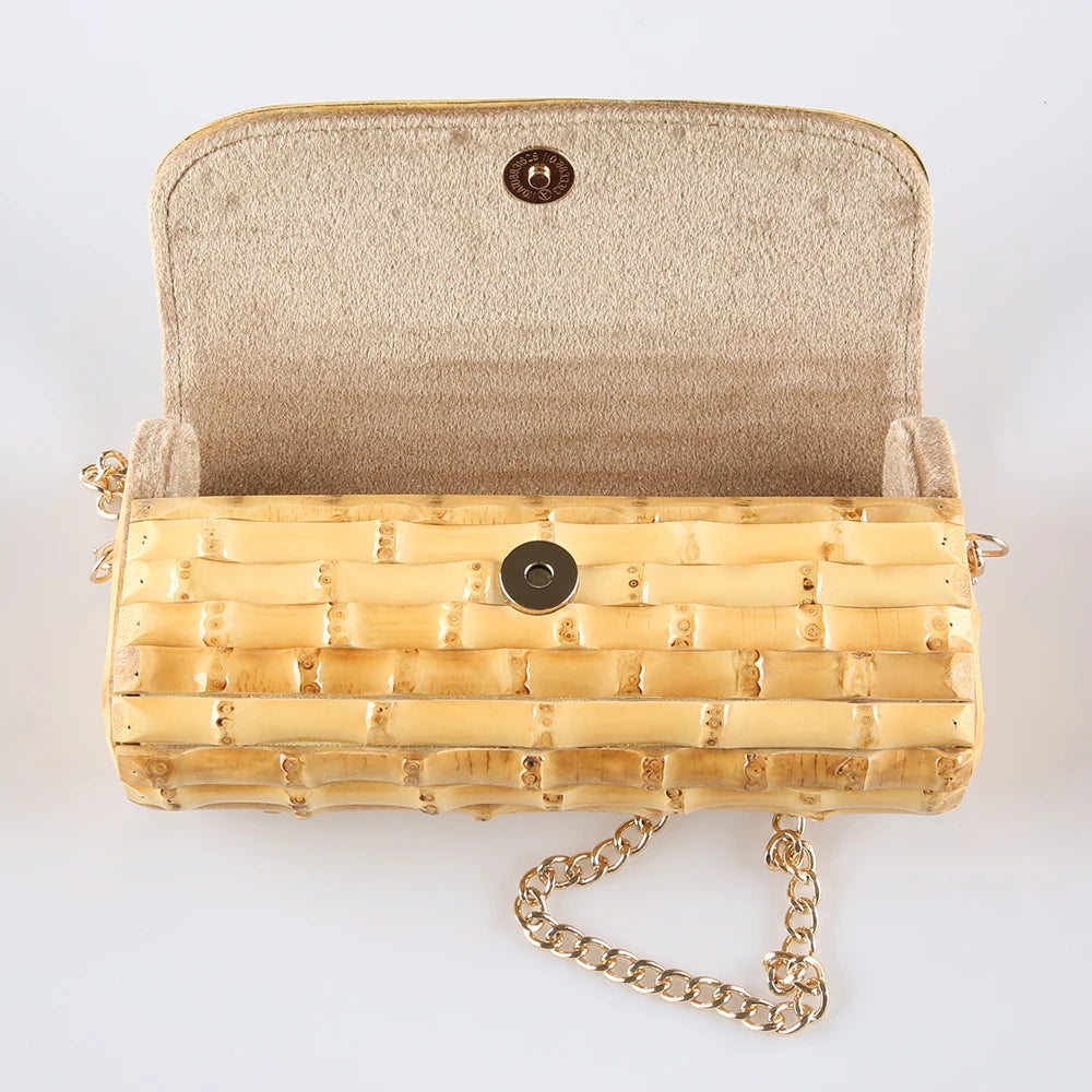 Handmade Rattan & Bamboo Crossbody Bag – Adjustable Chain Strap
