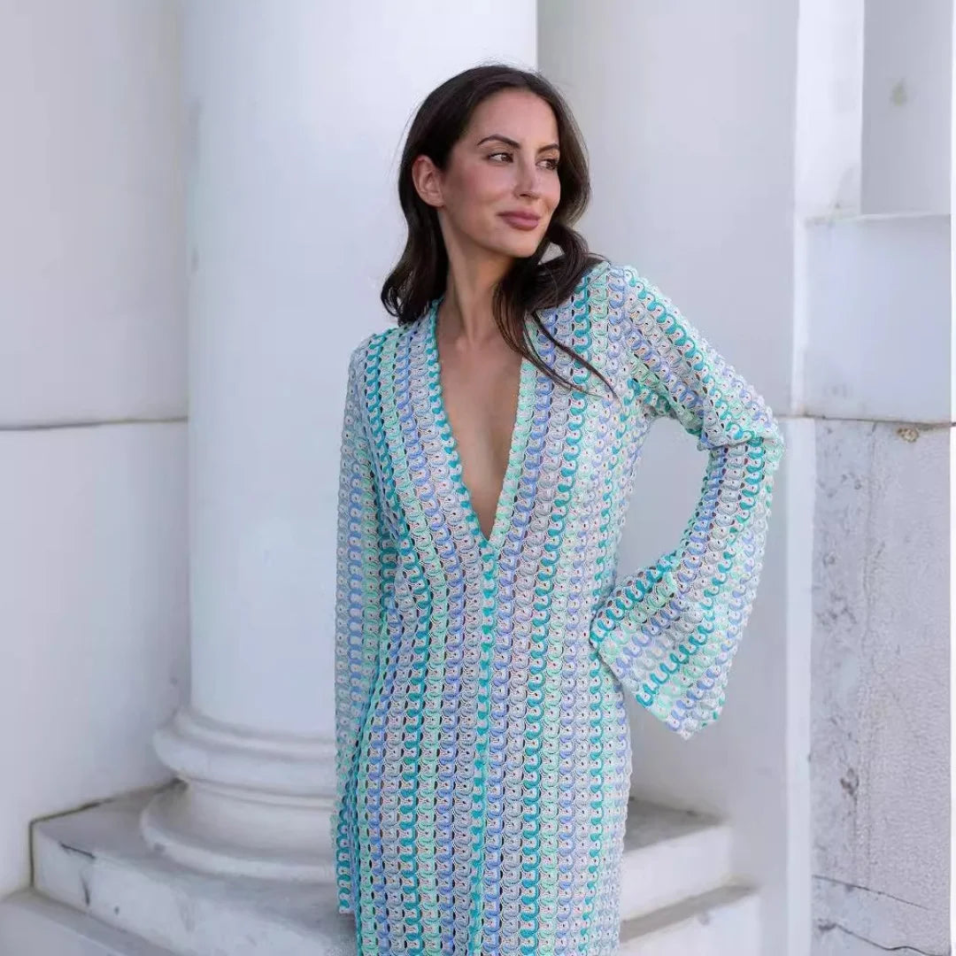 Colorful Striped Crochet Maxi Dress – Flare Sleeve Style