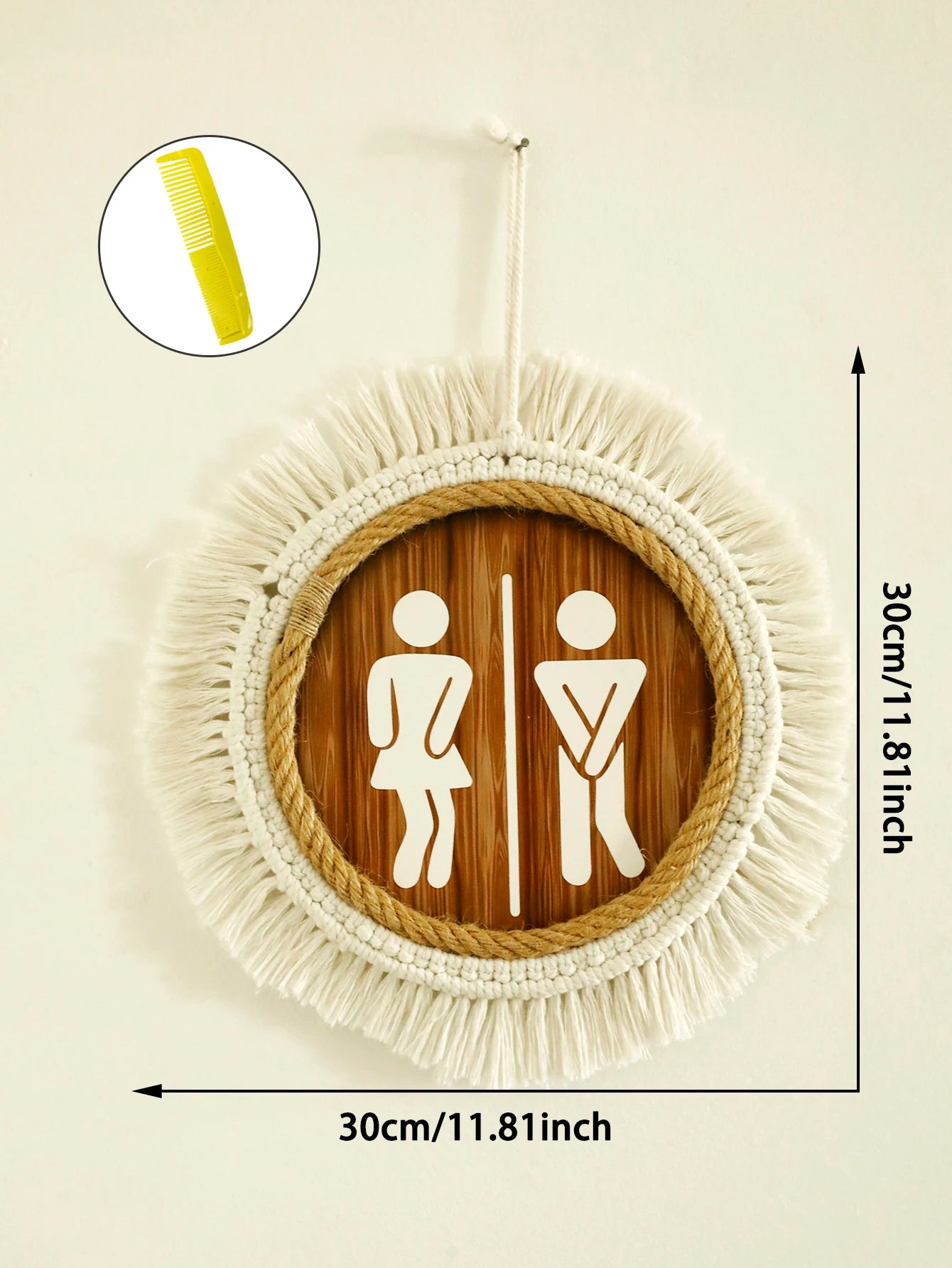 Macrame Round Bathroom Sign – Rustic Wooden Toilet Wall Decor