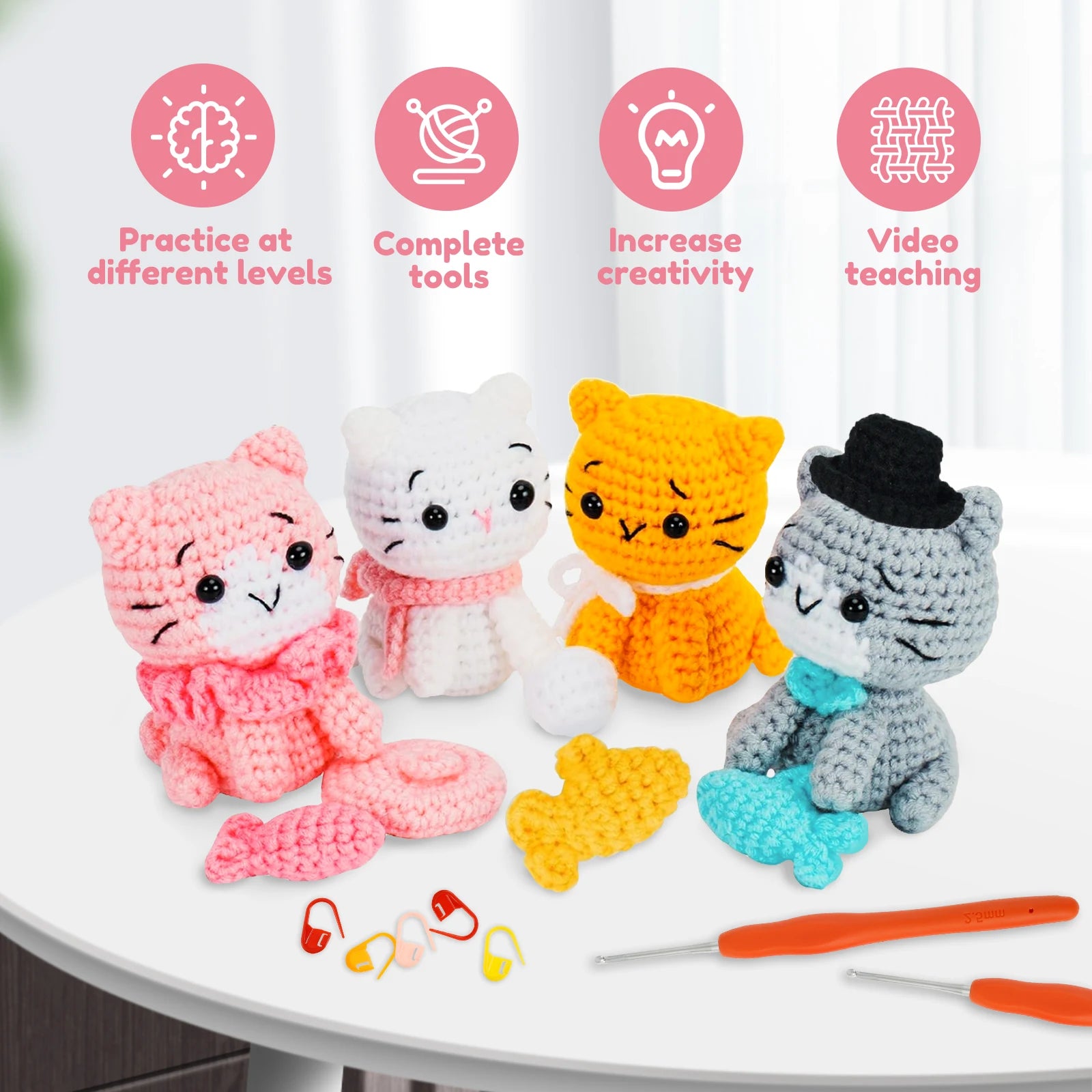 Beginner Crochet Kit – DIY Cat Craft Set (4PCS)