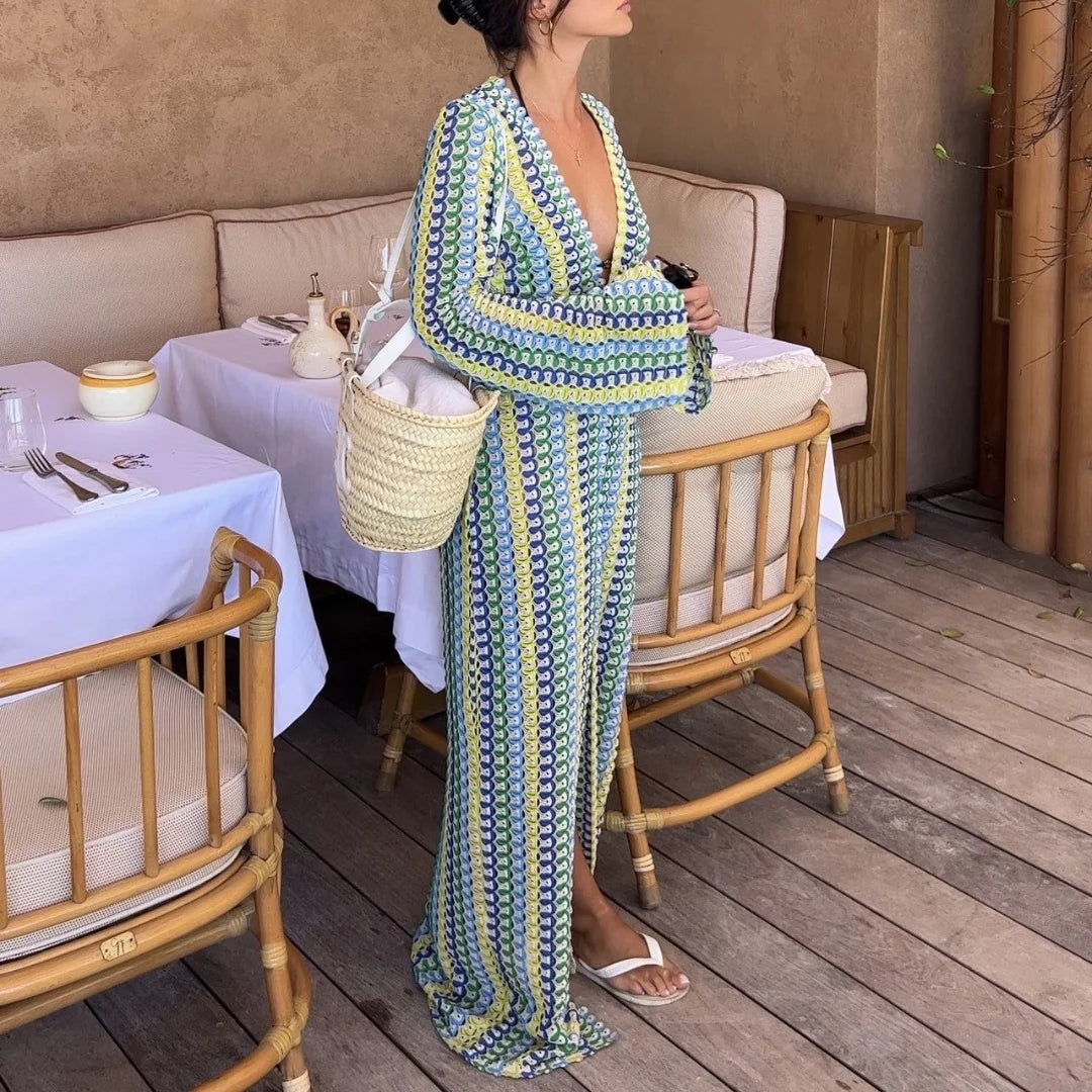 Colorful Striped Crochet Maxi Dress – Flare Sleeve Style