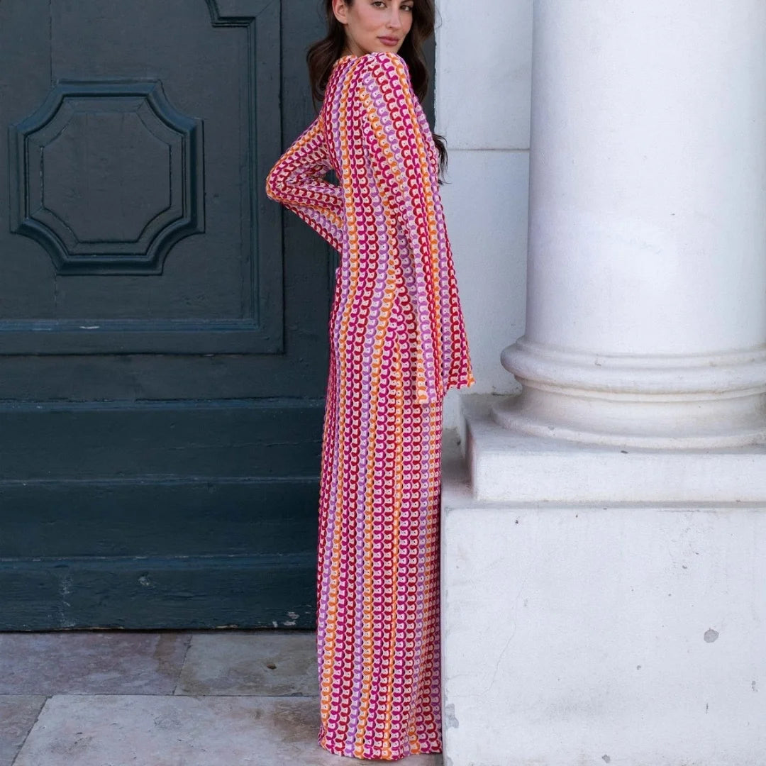 Colorful Striped Crochet Maxi Dress – Flare Sleeve Style