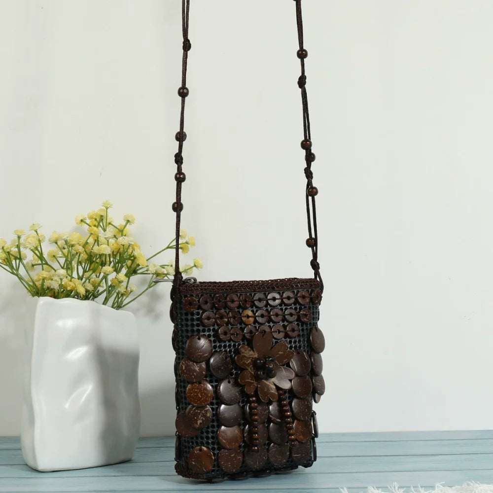 Ethnic Style Fabric Crossbody Bag – Handmade Coconut Shell Woven Geometric Bohemian Shoulder Bag for Women