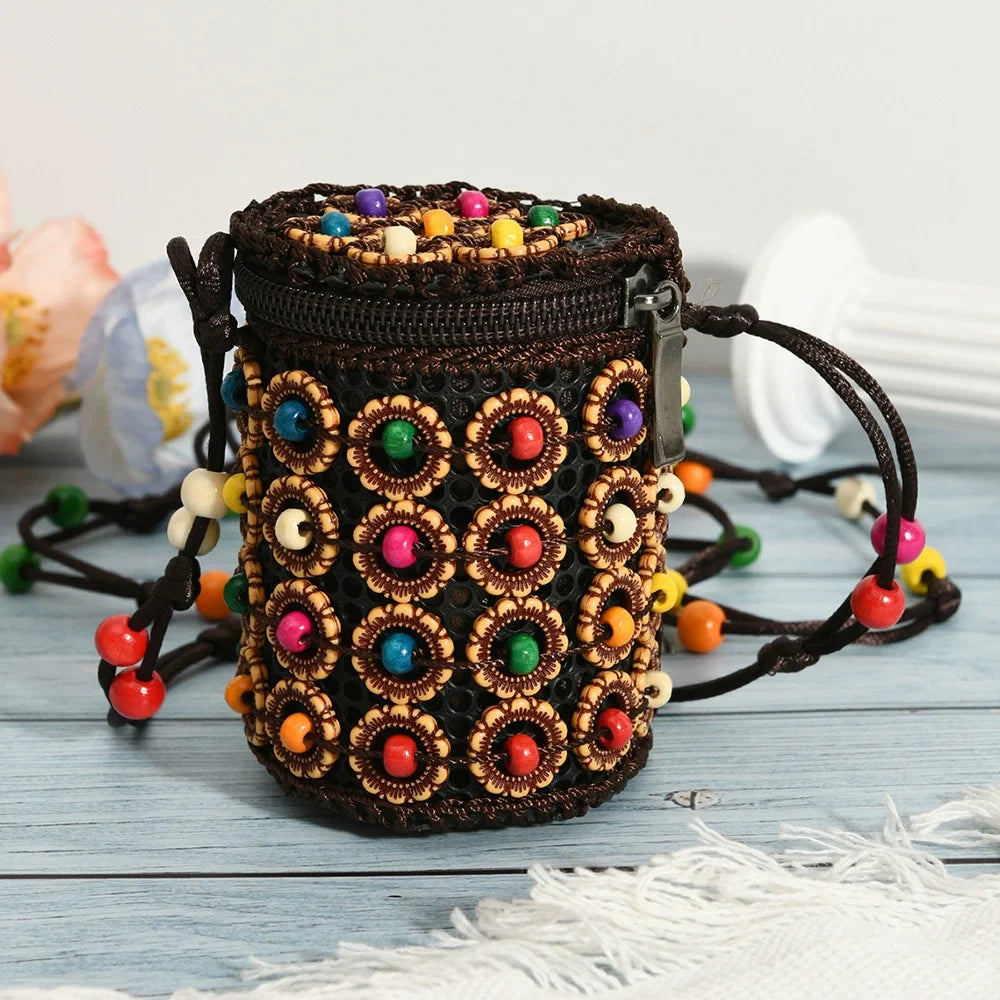 Ethnic Style Fabric Crossbody Bag – Handmade Coconut Shell Woven Geometric Bohemian Shoulder Bag for Women