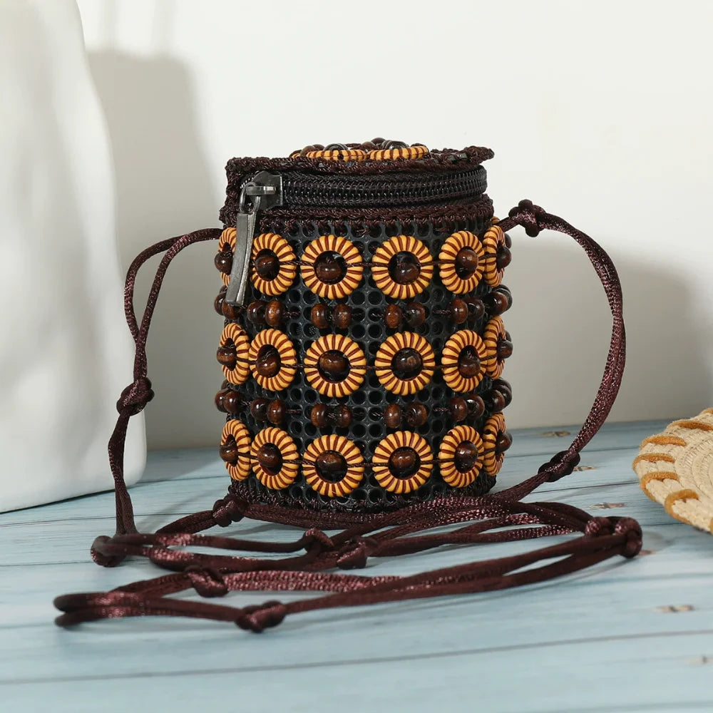 Ethnic Style Fabric Crossbody Bag – Handmade Coconut Shell Woven Geometric Bohemian Shoulder Bag for Women