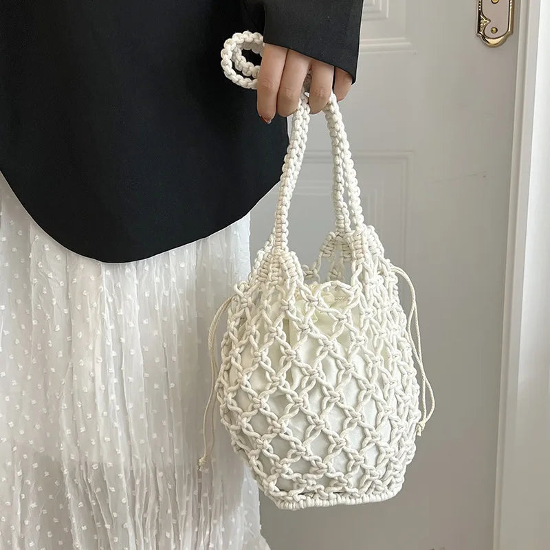 Summer Straw Bucket Bag for Women – Handmade Drawstring Raffia Woven Beach Shoulder Handbag
