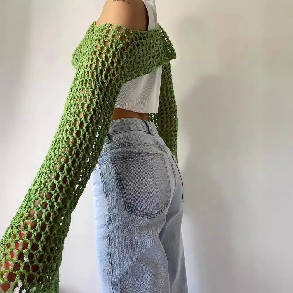 Long Sleeve Crochet Crop Top – Y2K Summer Knit
