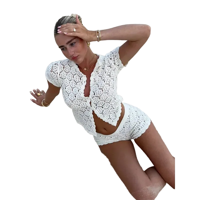 Women’s Crochet Crop Top Set – Summer Beach Outfit