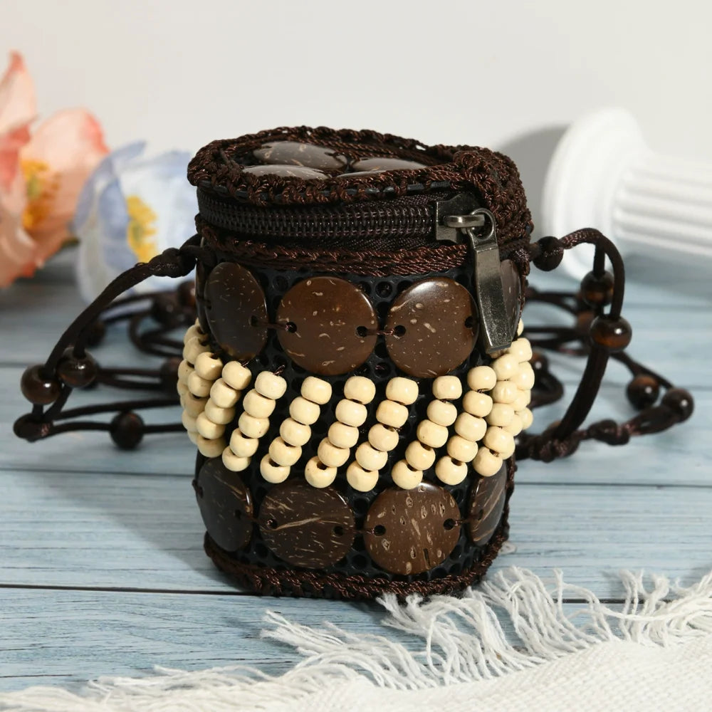 Ethnic Style Fabric Crossbody Bag – Handmade Coconut Shell Woven Geometric Bohemian Shoulder Bag for Women