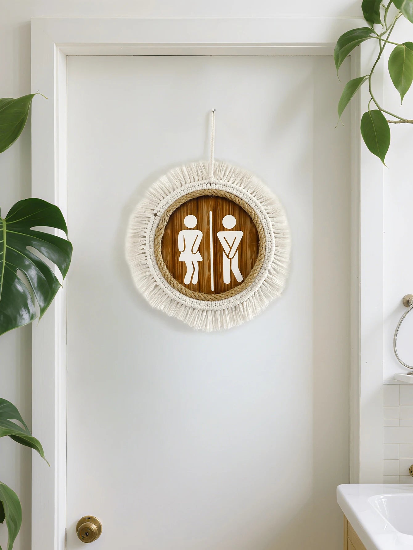 Macrame Round Bathroom Sign – Rustic Wooden Toilet Wall Decor