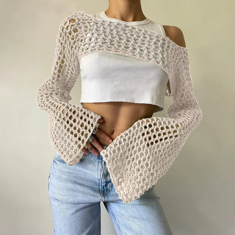 Long Sleeve Crochet Crop Top – Y2K Summer Knit
