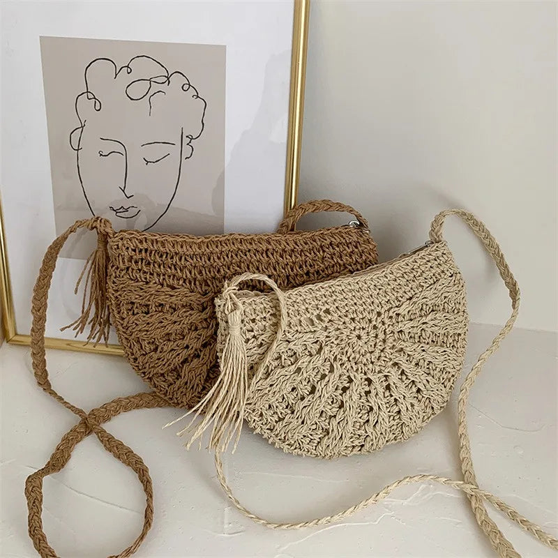 Half Moon Straw Bag – Handmade Boho Crossbody