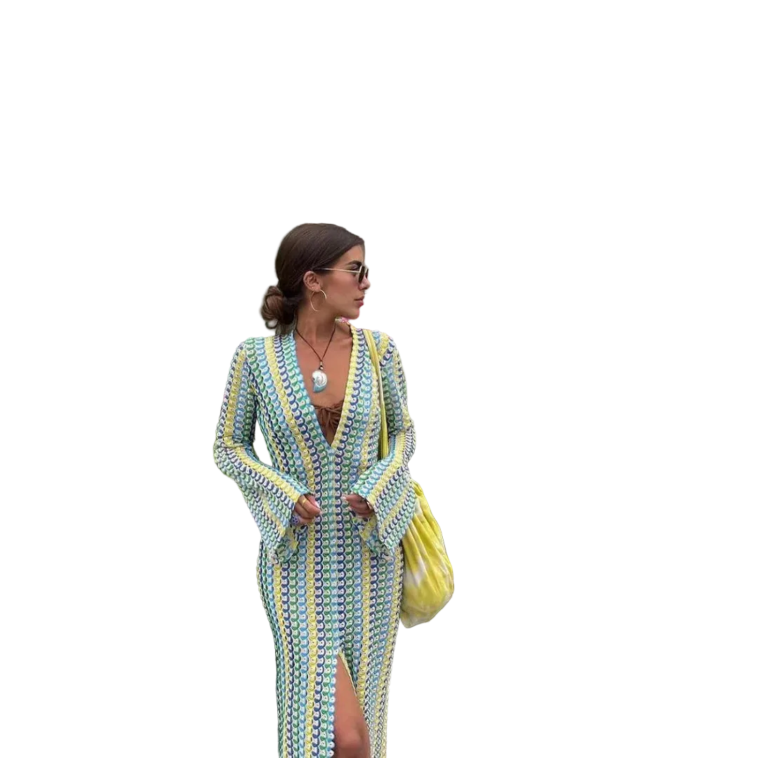 Colorful Striped Crochet Maxi Dress – Flare Sleeve Style