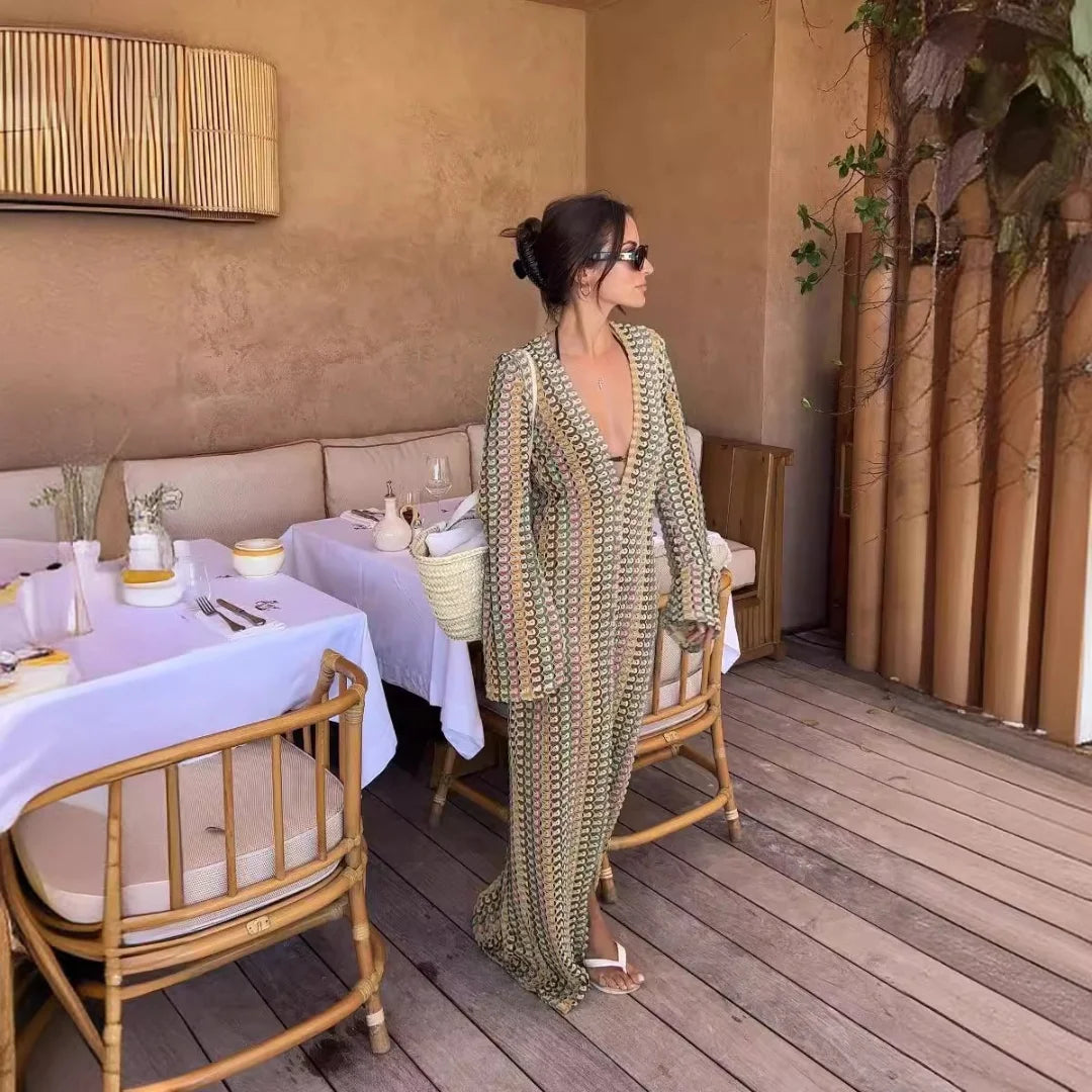 Colorful Striped Crochet Maxi Dress – Flare Sleeve Style