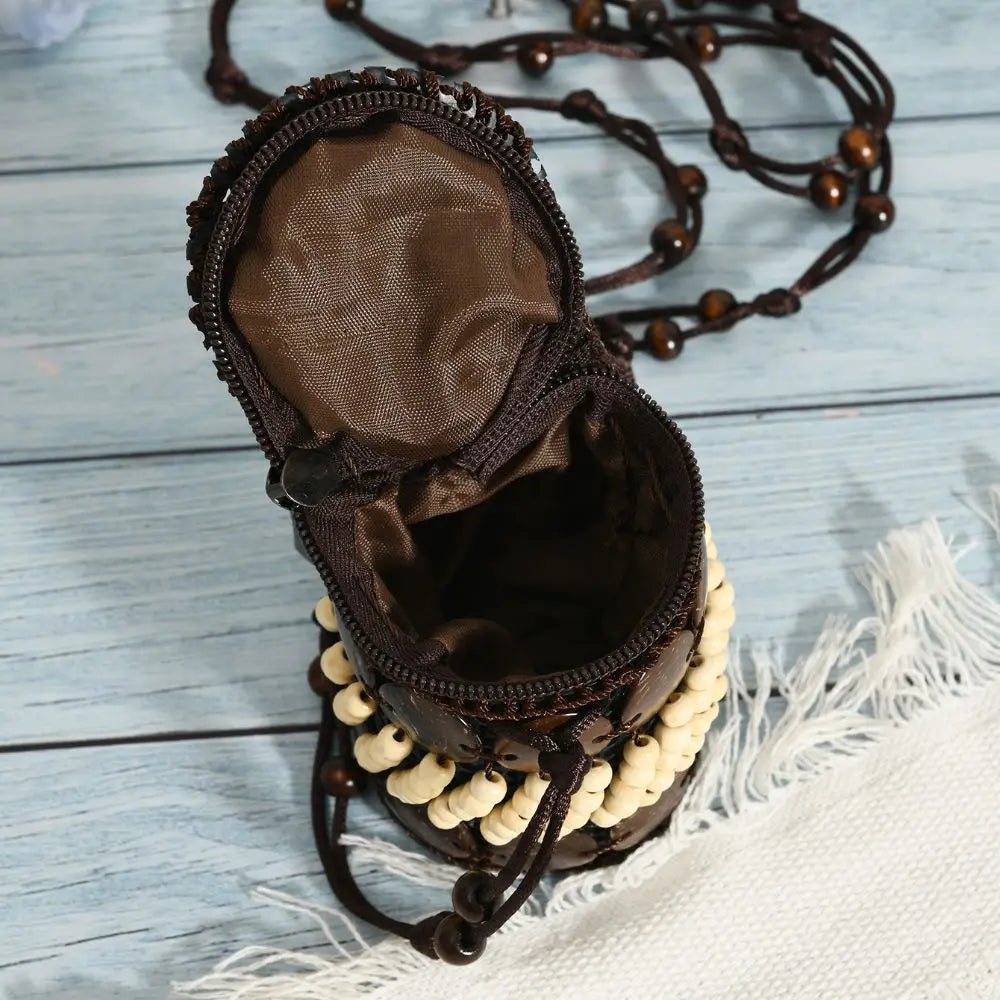 Ethnic Style Fabric Crossbody Bag – Handmade Coconut Shell Woven Geometric Bohemian Shoulder Bag for Women