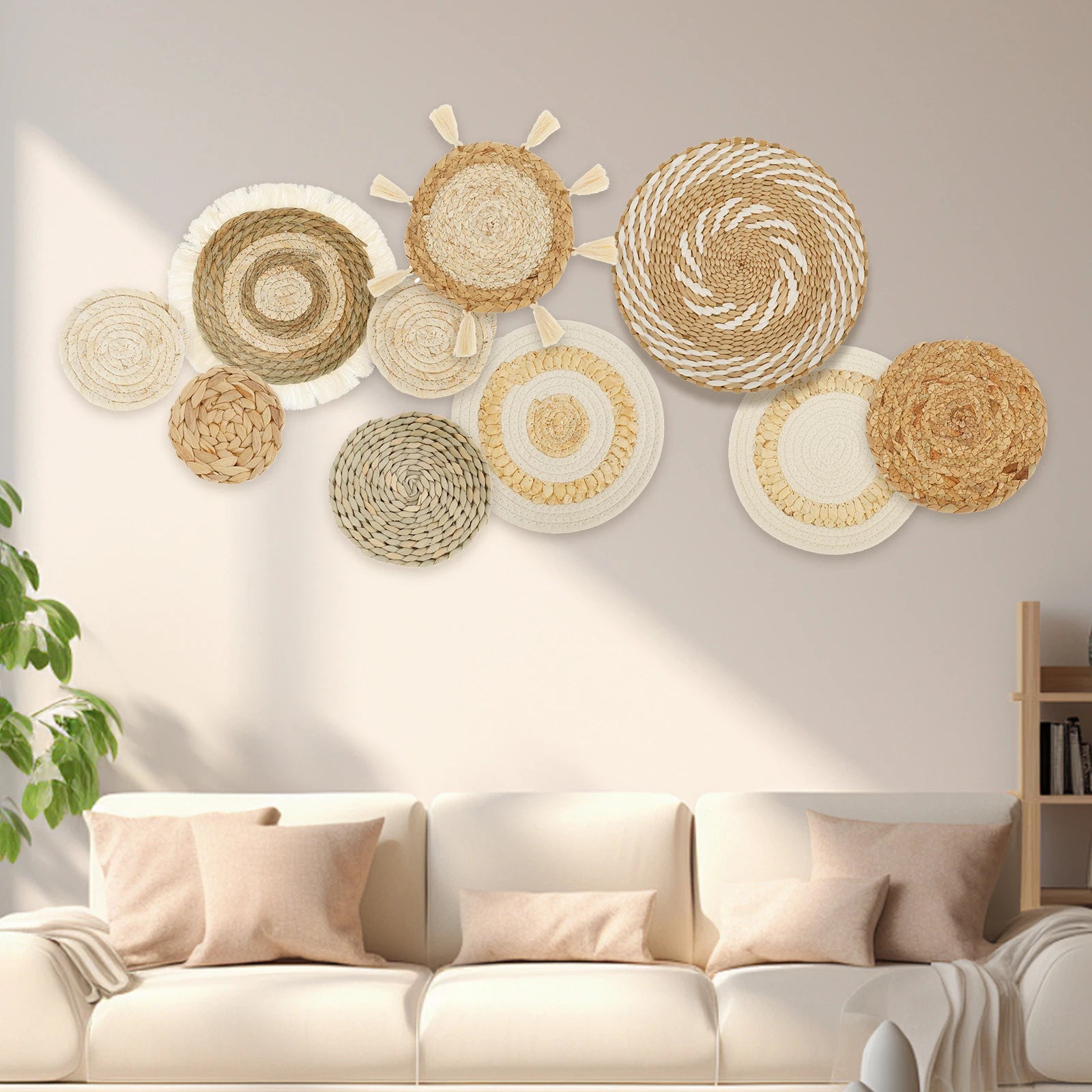 Boho Woven Basket Wall Decor – Macramé Art Set (9–10 PCS)