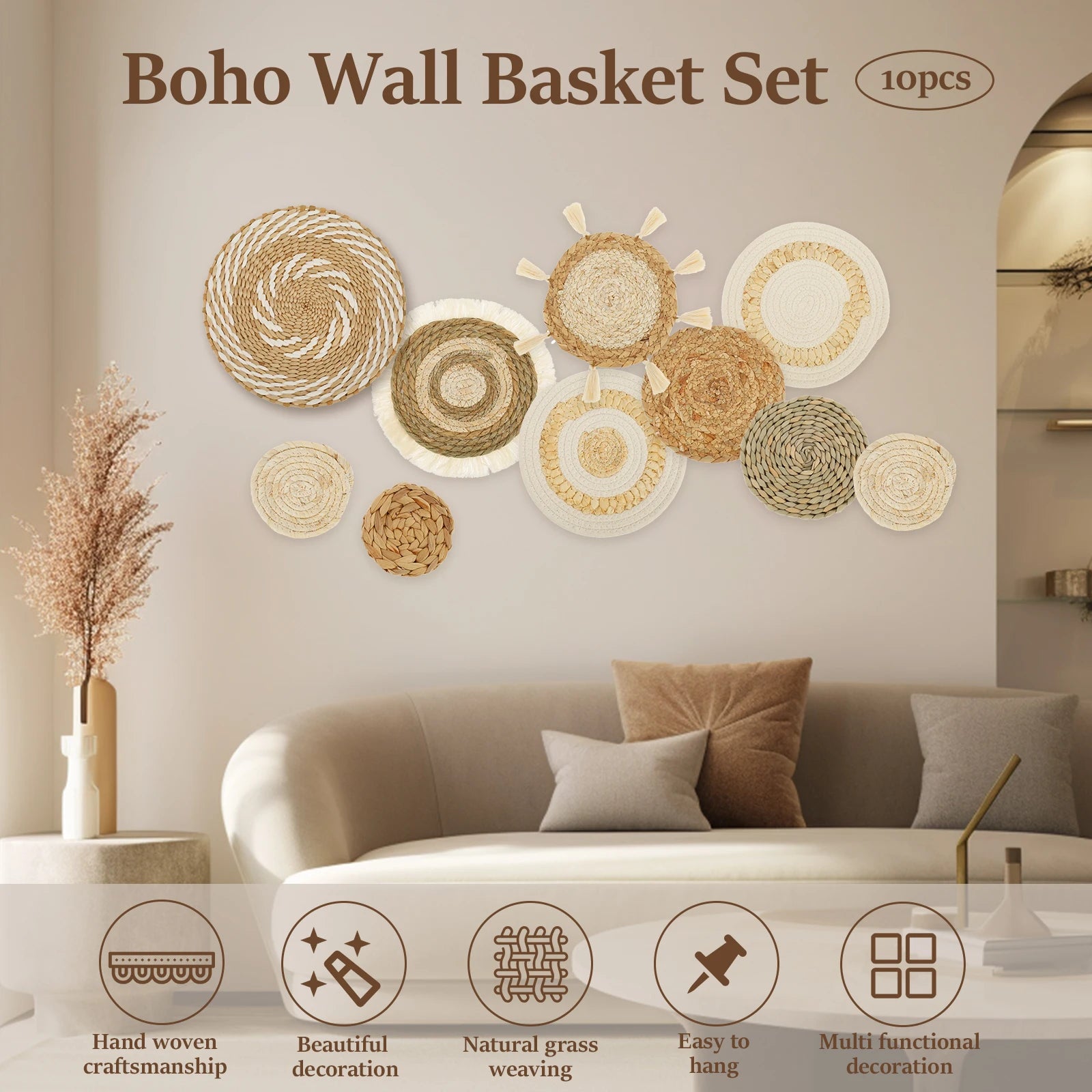 Boho Woven Basket Wall Decor – Macramé Art Set (9–10 PCS)