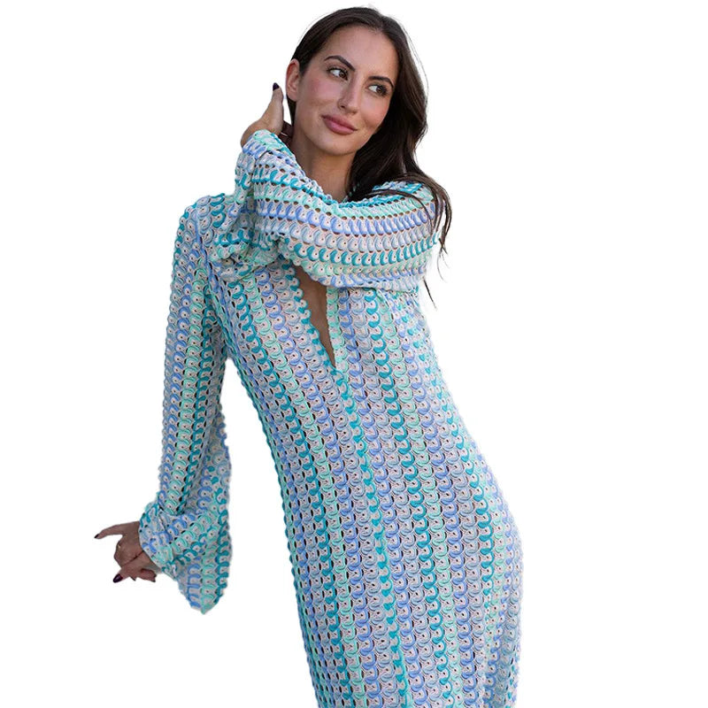 Colorful Crochet Maxi Dress – Flare Sleeve Summer Style