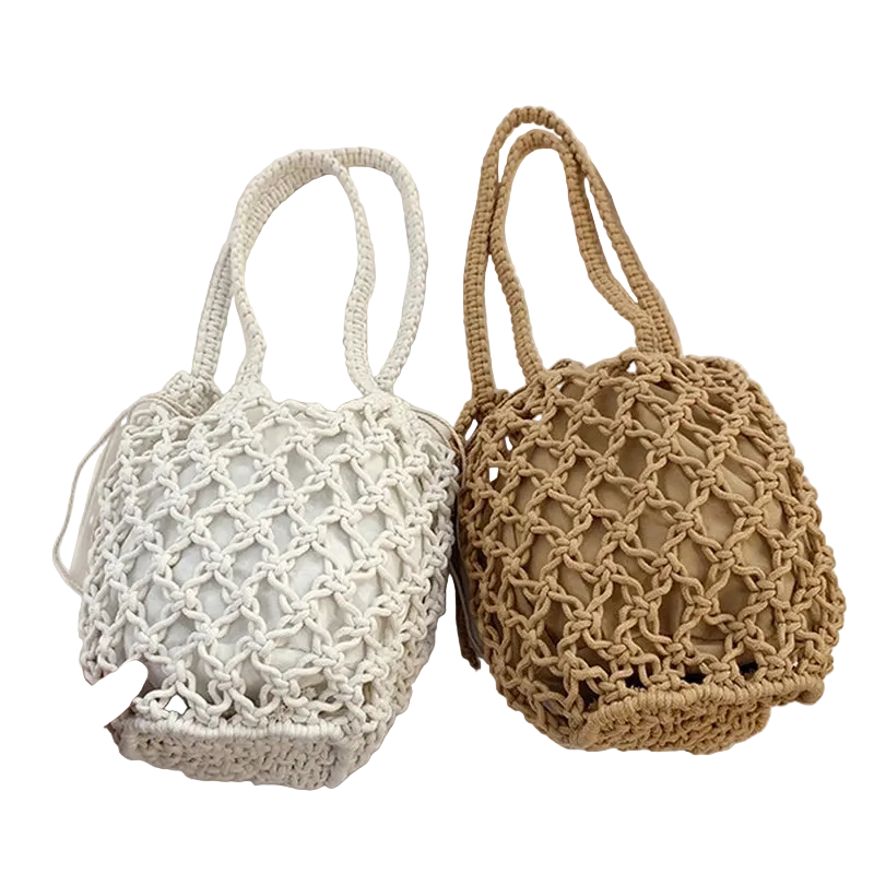 Summer Straw Bucket Bag for Women – Handmade Drawstring Raffia Woven Beach Shoulder Handbag
