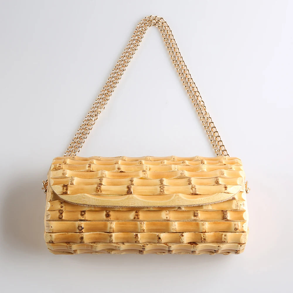 Handmade Rattan & Bamboo Crossbody Bag – Adjustable Chain Strap